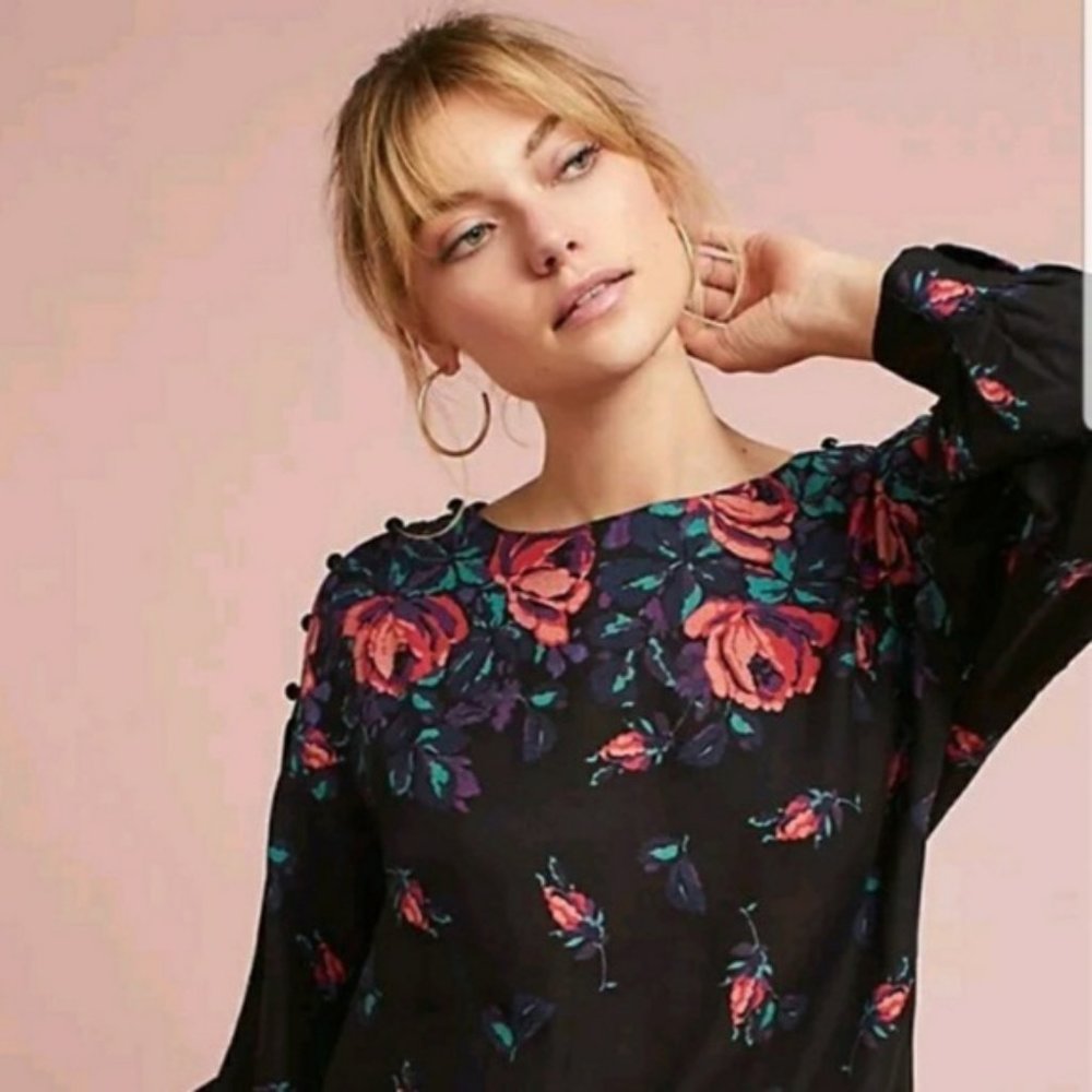 ANTHROPOLOGIE Maeve Black Linen Floral Button Blouse EUC sz S